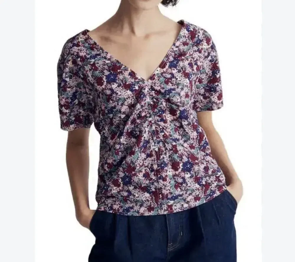 Madewell Puff Sleeve Size 6, Small Top Floral Seersucker V Neck Side Zip EUC
